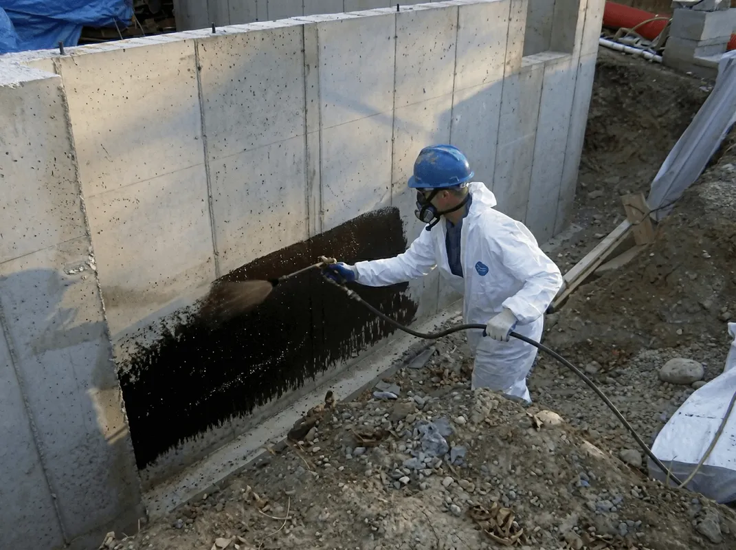 Professional waterproofing the exterior walls of the basement in Evansville, IN